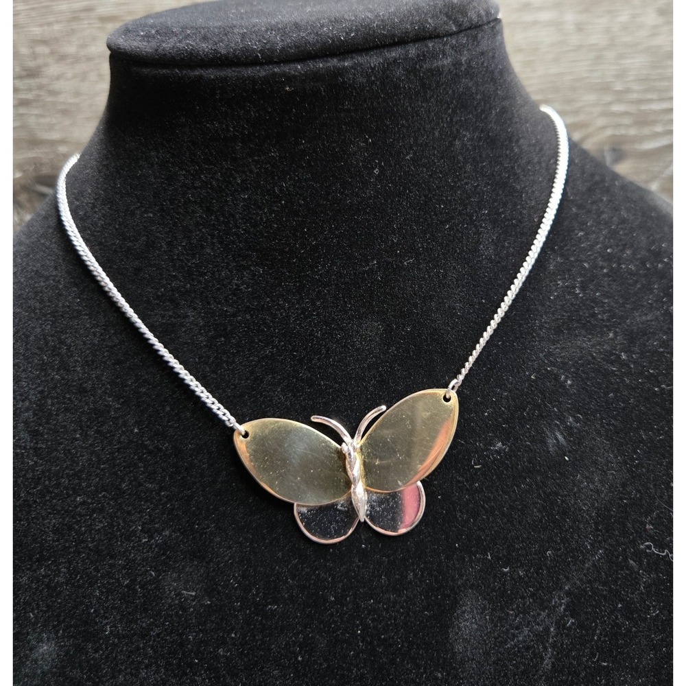 Vintage Avon Two-Tone Butterfly Pendant Necklace Silver Gold Tone 16.5"